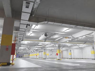 Spacious Indoor Parking Garage With Ceiling Pipes Lighting Fixtures Yellow Pillars And Floor Markings 3d model