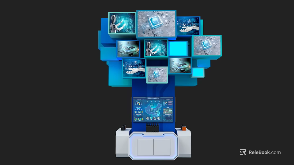 Tech Inspired Exhibition Island With Multiple Screens And Blue Interactive Design 3d model 