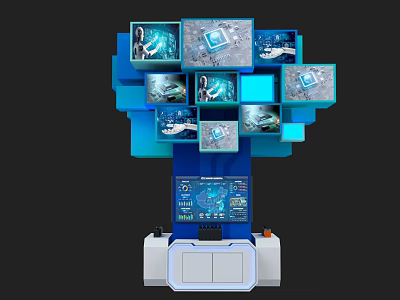 Tech Inspired Exhibition Island With Multiple Screens And Blue Interactive Design 3d model
