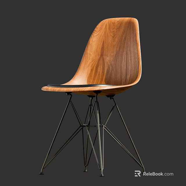 Modern Wooden Leisure Chair With Natural Wood Grain Seat And Black Metal Legs 3d model 