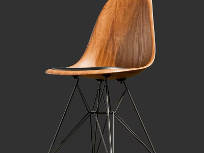 Modern Wooden Leisure Chair With Natural Wood Grain Seat And Black Metal Legs 3d model