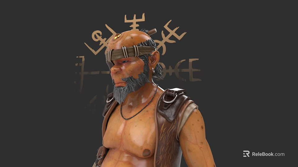 Bald Game Movie Character With Blindfold Beard Leather Armor And Mystic Runes 3d model 