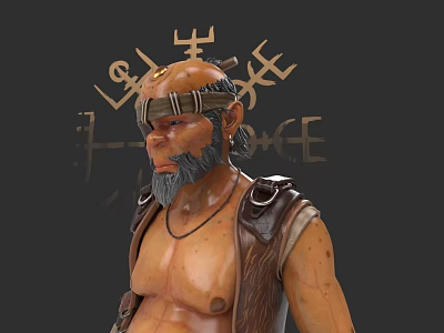 Bald Game Movie Character With Blindfold Beard Leather Armor And Mystic Runes 3d model