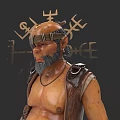 Bald Game Movie Character With Blindfold Beard Leather Armor And Mystic Runes