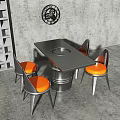 Modern Square Dining Table Set With Central Hole Metal Base And Orange Seat Chairs