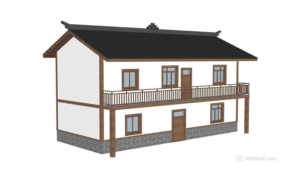 Two Story Rural Self Built House With Traditional Roof White Walls And Wooden Balcony 3d model 