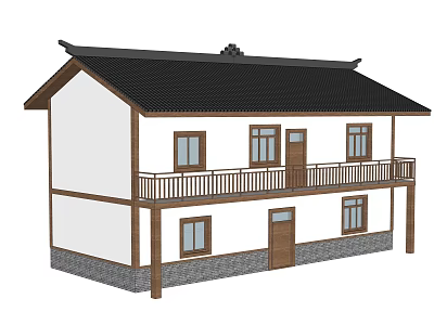 Two Story Rural Self Built House With Traditional Roof White Walls And Wooden Balcony 3d model