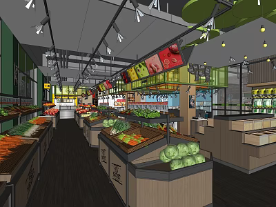 Well Organized Supermarket Interior With Fresh Vegetables Fruit And Shelf Displays 3d model