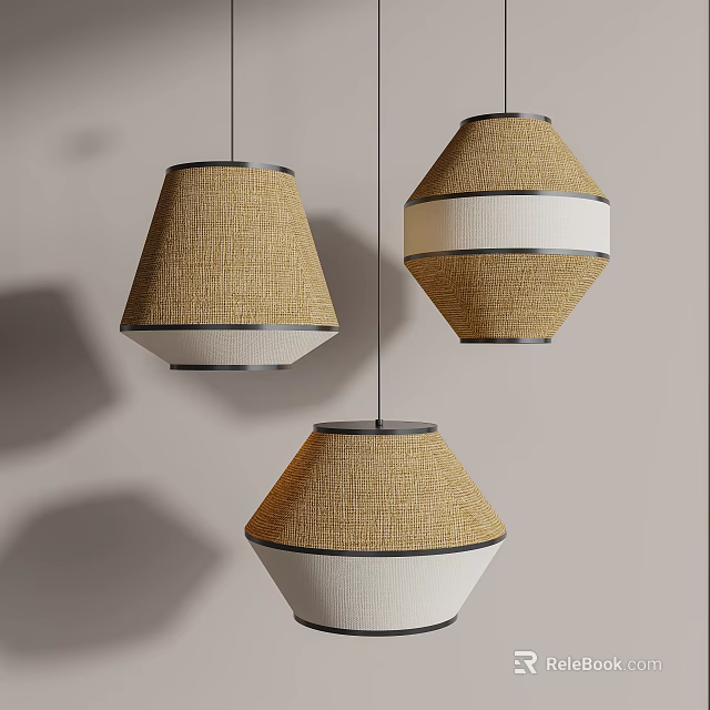 Three Modern Woven Pendant Lights With Natural Beige And White Geometric Shades 3d model 