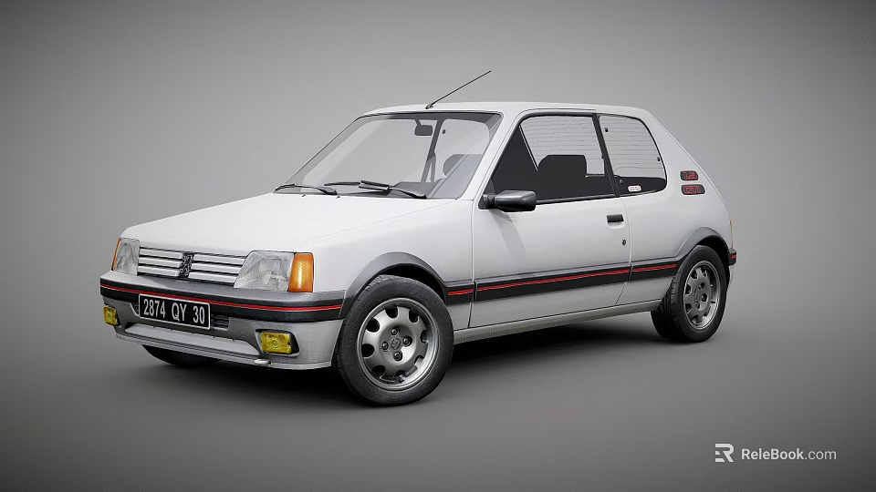 White Classic Two Door Car With Red Stripes And Vintage Design 3d model 