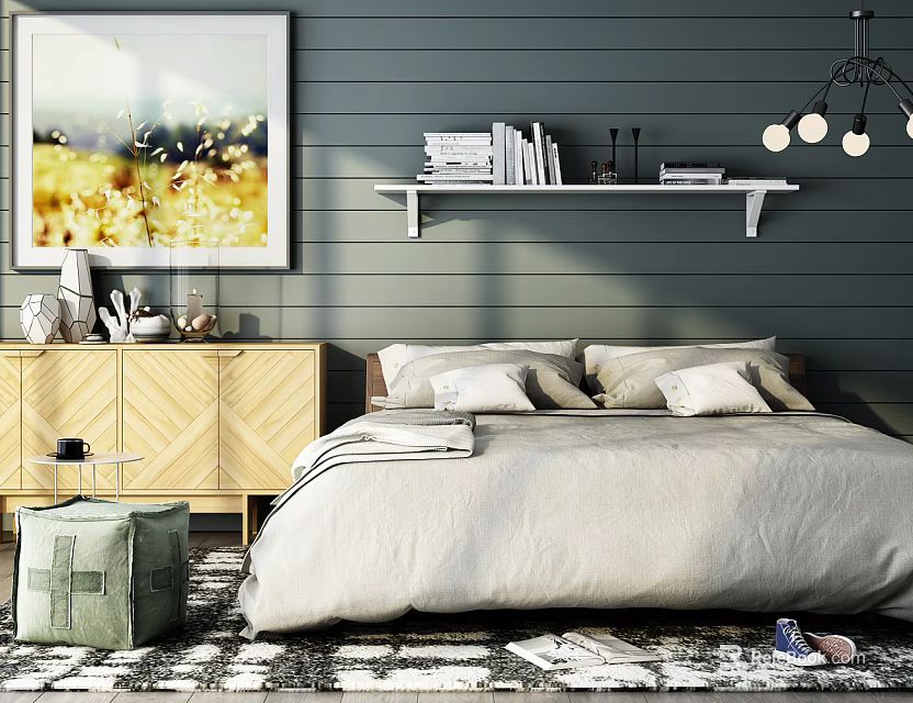 Double Bed in Bedroom with Gray Wall Framed Art White Shelf Books and Wooden Nightstand 3d model 