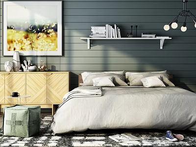 Double Bed in Bedroom with Gray Wall Framed Art White Shelf Books and Wooden Nightstand 3d model