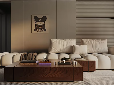 Modern Three Seater Sofa With Soft Pillows And Wooden Coffee Table In Living Room 3d model