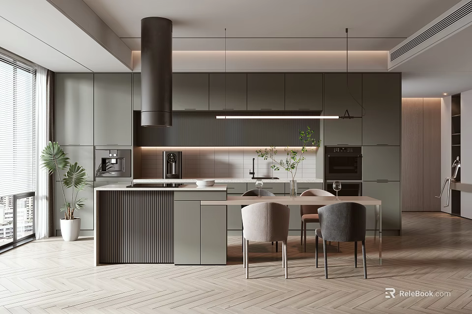Modern Restaurant Interior With Grey Cabinets Island Counter Dining Chairs And Plants 3d model 
