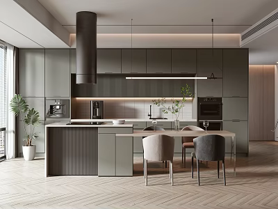 Modern Restaurant Interior With Grey Cabinets Island Counter Dining Chairs And Plants 3d model