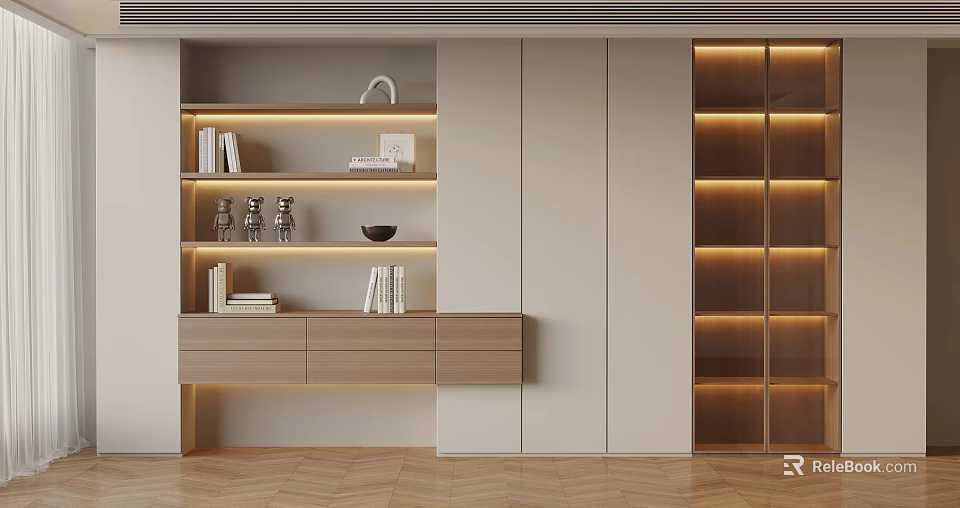 Modern Interior Storage Shelf And Cabinet With Wooden Lighting Decorative Books And Items 3d model 