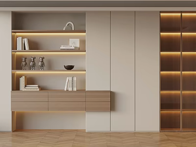 Modern Interior Storage Shelf And Cabinet With Wooden Lighting Decorative Books And Items 3d model