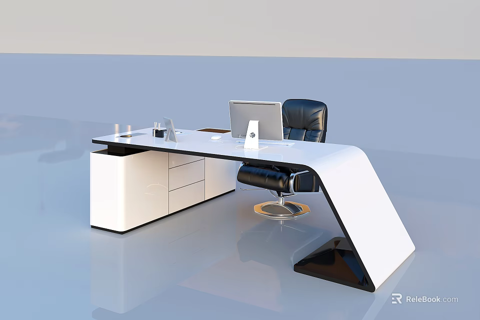 Modern Office Desk With White Surface Black Chair And Laptop Accessories 3d model 