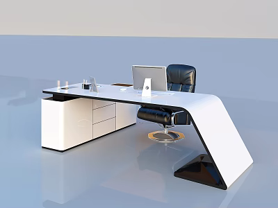 Modern Office Desk With White Surface Black Chair And Laptop Accessories 3d model