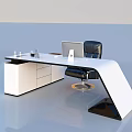 Modern Office Desk With White Surface Black Chair And Laptop Accessories