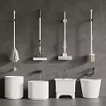 White Cleaning Tools and Mop Sinks Arranged on Gray Background Wall 3d model