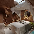 Cave Like SPA Sauna Retreat With Canopy Massage Bed Round Mirror And Pool Plants