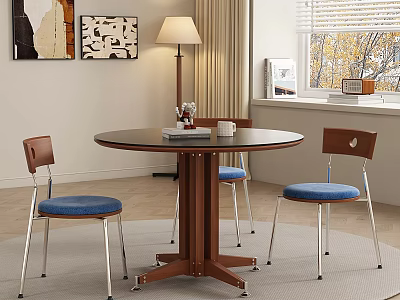 Cozy Restaurant Interior With Round Dark Table Wooden Legs Blue Cushioned Chairs And Floor Lamp 3d model