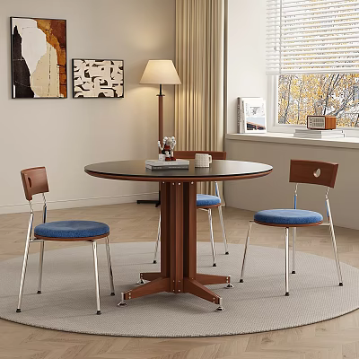 Cozy Restaurant Interior With Round Dark Table Wooden Legs Blue Cushioned Chairs And Floor Lamp 3d model