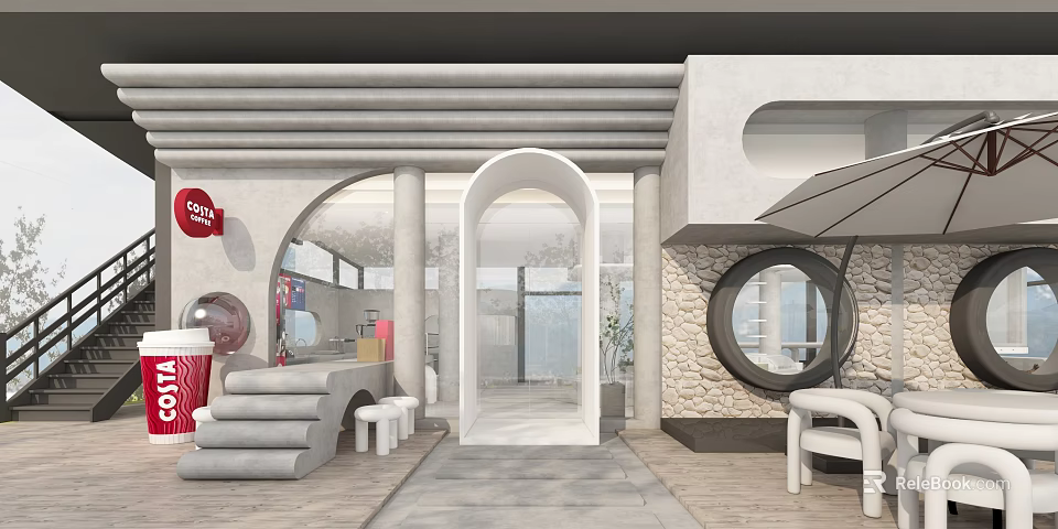 Modern Cafe Exterior Featuring Arched Doorways Stone Wall Round Window Steps And White Chairs 3d model 
