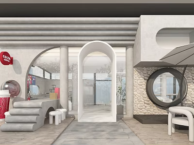 Modern Cafe Exterior Featuring Arched Doorways Stone Wall Round Window Steps And White Chairs 3d model