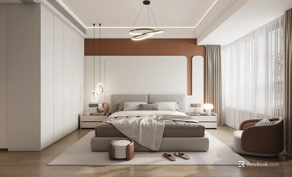 Modern Bedroom Interior With Gray Headboard White Wardrobes Brown Wall Decor And Pendant Lights 3d model 