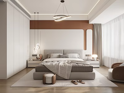 Modern Bedroom Interior With Gray Headboard White Wardrobes Brown Wall Decor And Pendant Lights 3d model