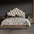Modern Double Bed With Quilted Wooden Headboard And Gray Beige Bedding In Bedroom