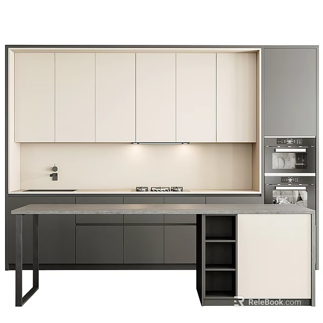 Modern Kitchen Interior Design With White Gray Upper Lower Cabinets And Stone Countertop 3d model