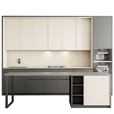 Modern Kitchen Interior Design With White Gray Upper Lower Cabinets And Stone Countertop 3d model
