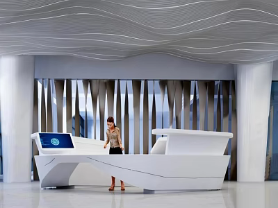 Modern Front Desk Reception Area With White Curved Desk Blue Digital Screen And Female Receptionist 3d model