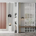 Modern Room Divider With Striped Design Glass Panels Wooden Frame And Hanging Lamp