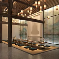 Buddhist Meditation Space With Wooden Roof Hanging Lanterns Buddha Silhouette And Mountain Painting Windows