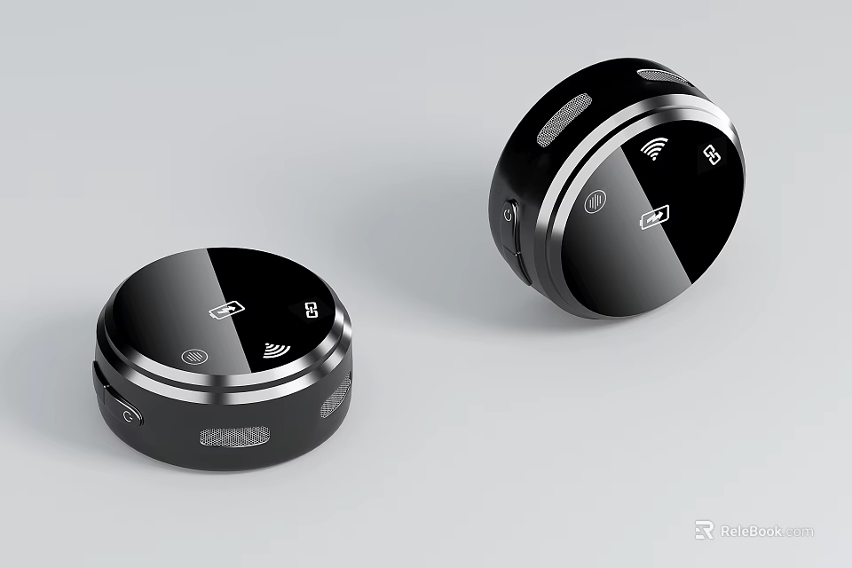 Dual Black Wireless Headphone Speakers With Round Design And Control Buttons 3d model 