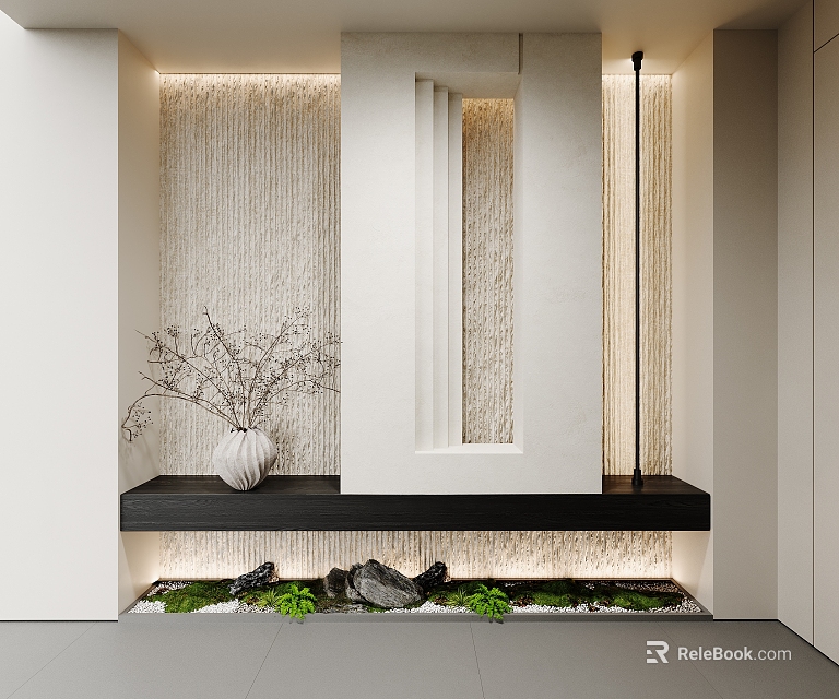 Modern Entryway Interior Design With Textured Wall Bench And Green Plants 3d model 