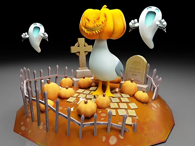 Halloween Themed Scene With Duck Figure Pumpkin Ghost Cross Tombstone And Fence 3d model