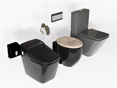 Modern Black Toilets With Toilet Paper Holder Brush Holder And Wooden Round Accessory 3d model