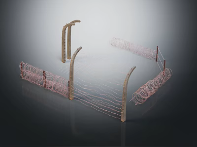 Modern Curved Fence Structure With Wooden Posts And Metal Mesh Design For Outdoor Areas 3d model