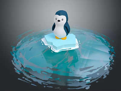 Cute Penguin Standing On Ice Floe With Blue Rippling Water Waves Around 3d model