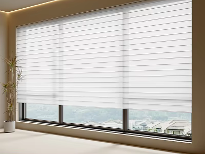White Window Blinds In Bright Indoor Space With Scenic Outside View 3d model
