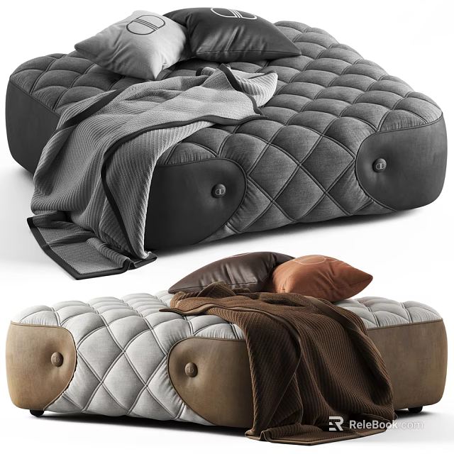 Modern Cozy Quilted Ottoman In Gray And Light With Button Details Blanket And Brown Pillows 3d model 