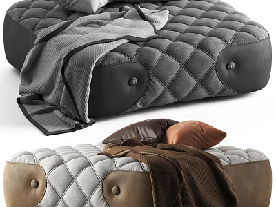 Modern Cozy Quilted Ottoman In Gray And Light With Button Details Blanket And Brown Pillows 3d model