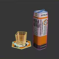 Gold Brend Orange Beverage in Orange Packaging with Small Glass Cup and Patterned Coaster