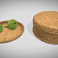 Wicker Daily Necessities Including Trays And Box With Fresh Green Pears