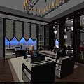 Luxurious Restaurant Interior With Chandelier Sofa Seating Display Cabinets And Night View Windows